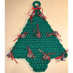 Vintage Crochet Handmade Christmas Tree Wall Hanging Green With Pinecones Ribbon